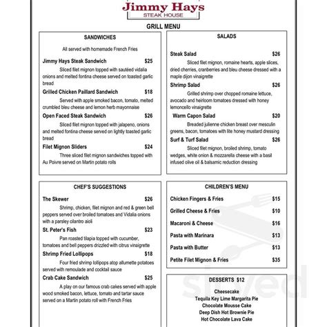 Jimmy hays steakhouse menu - Jimmy Hays Steak House Menu. New York. Island Park. 397057. Jimmy Hays Steak House Prices in Island Park, NY 11558. 4.6 based on 104 votes 4310 Austin Blvd, Island Park, NY (516) 432-5155 ; Jimmy Hays Steak House Menu Cuisine: Steak. Hours of Operation. Hours may fluctuate.